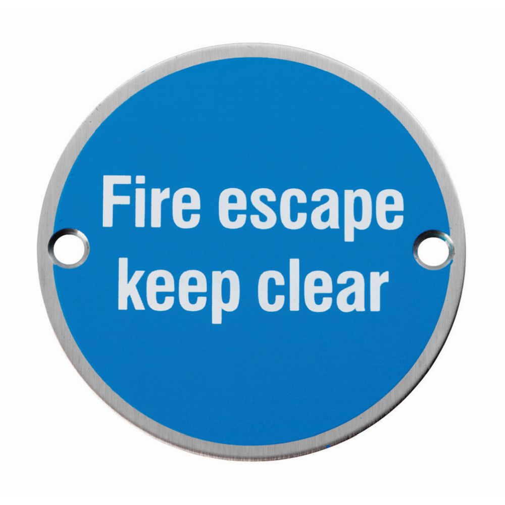 This is an image of Eurospec - Signage Fire Escape - Keep Clear - Satin Stainless Steel available to order from T.H Wiggans Architectural Ironmongery in Kendal, quick delivery and discounted prices.