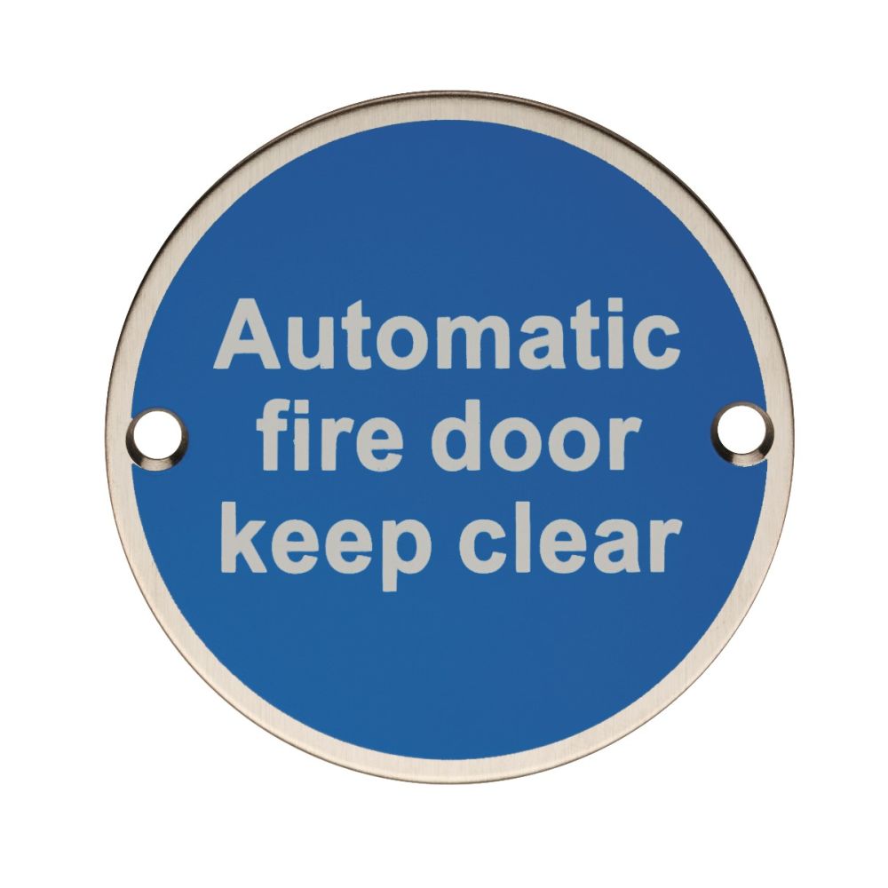 This is an image of Eurospec - Automatic Fire Door - Keep Clear - Satin Stainless Steel available to order from T.H Wiggans Architectural Ironmongery in Kendal, quick delivery and discounted prices.