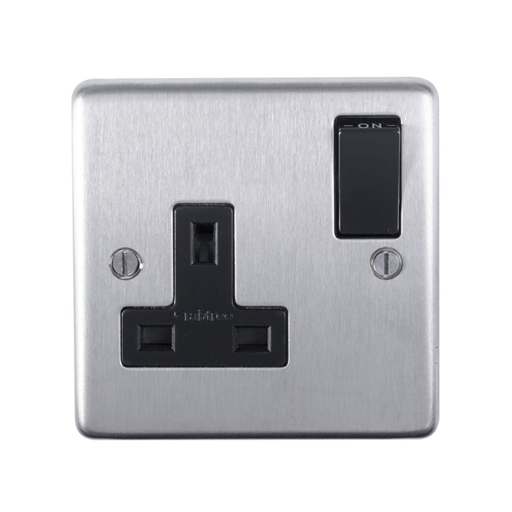 This is an image showing Eurolite Stainless Steel 1 Gang Socket - Satin Stainless Steel (With Black Trim) sss1sob available to order from T.H. Wiggans Ironmongery in Kendal, quick delivery and discounted prices.
