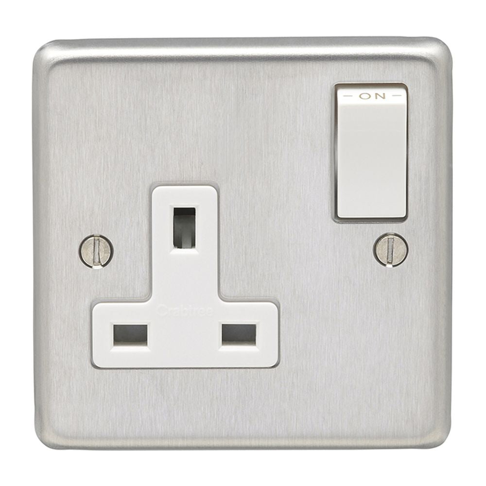 This is an image showing Eurolite Stainless Steel 1 Gang Socket - Satin Stainless Steel (With White Trim) sss1sow available to order from T.H. Wiggans Ironmongery in Kendal, quick delivery and discounted prices.