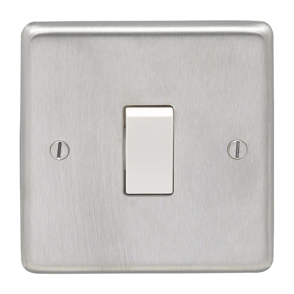 This is an image showing Eurolite Stainless Steel 1 Gang Switch - Satin Stainless Steel (With White Trim) sss1sww available to order from T.H. Wiggans Ironmongery in Kendal, quick delivery and discounted prices.