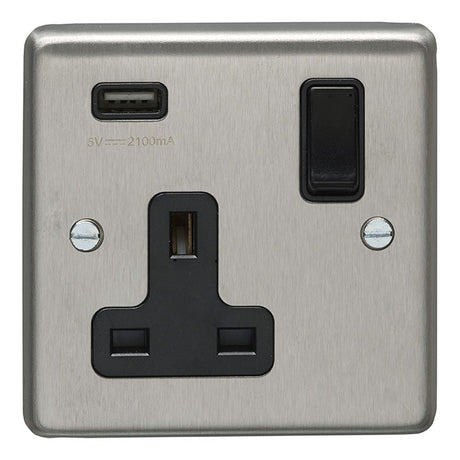 This is an image showing Eurolite Stainless Steel 1 Gang USB Socket - Satin Stainless Steel (With Black Trim) sss1usbb available to order from T.H. Wiggans Ironmongery in Kendal, quick delivery and discounted prices.