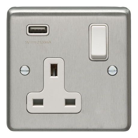 This is an image showing Eurolite Stainless Steel 1 Gang USB Socket - Satin Stainless Steel (With White Trim) sss1usbw available to order from T.H. Wiggans Ironmongery in Kendal, quick delivery and discounted prices.