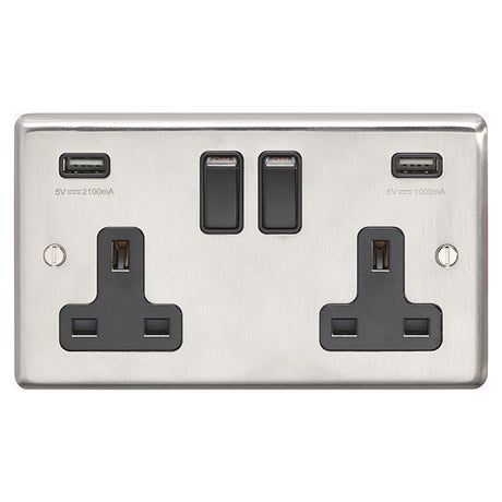 This is an image showing Eurolite Stainless Steel 2 Gang USB Socket - Satin Stainless Steel (With Black Trim) sss2usbb available to order from T.H. Wiggans Ironmongery in Kendal, quick delivery and discounted prices.