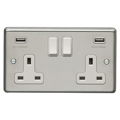 This is an image showing Eurolite Stainless Steel 2 Gang USB Socket - Satin Stainless Steel (With White Trim) sss2usbw available to order from T.H. Wiggans Ironmongery in Kendal, quick delivery and discounted prices.