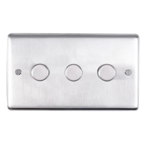 This is an image showing Eurolite Stainless Steel 3 Gang Dimmer - Satin Stainless Steel sss3d400 available to order from T.H. Wiggans Ironmongery in Kendal, quick delivery and discounted prices.