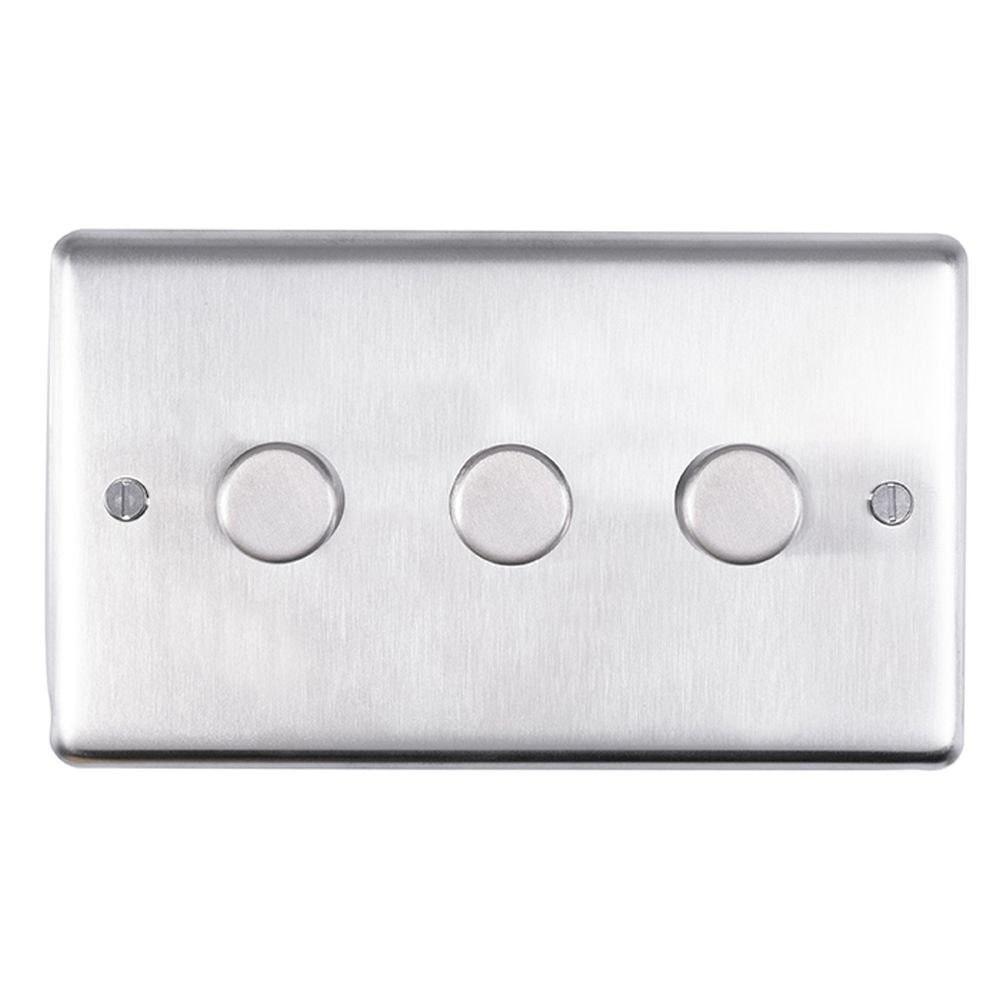 This is an image showing Eurolite Stainless Steel 3 Gang Dimmer - Satin Stainless Steel sss3dled available to order from T.H. Wiggans Ironmongery in Kendal, quick delivery and discounted prices.