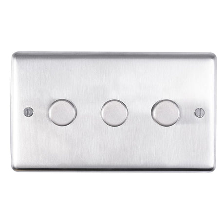 This is an image showing Eurolite Stainless Steel 3 Gang Dimmer - Satin Stainless Steel sss3dled available to order from T.H. Wiggans Ironmongery in Kendal, quick delivery and discounted prices.