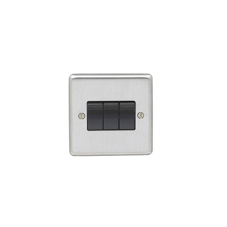 This is an image showing Eurolite Stainless Steel 3 Gang Switch - Satin Stainless Steel (With Black Trim) sss3swb available to order from T.H. Wiggans Ironmongery in Kendal, quick delivery and discounted prices.