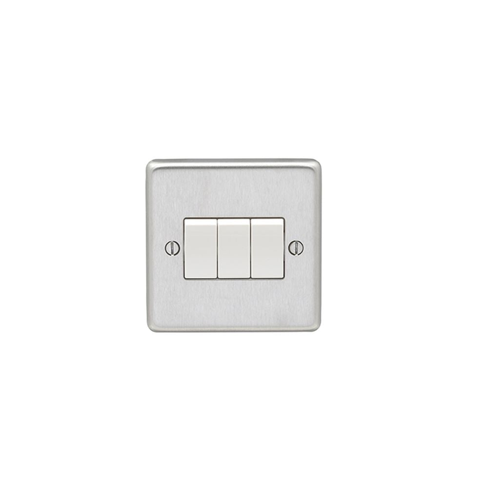 This is an image showing Eurolite Stainless Steel 3 Gang Switch - Satin Stainless Steel (With White Trim) sss3sww available to order from T.H. Wiggans Ironmongery in Kendal, quick delivery and discounted prices.