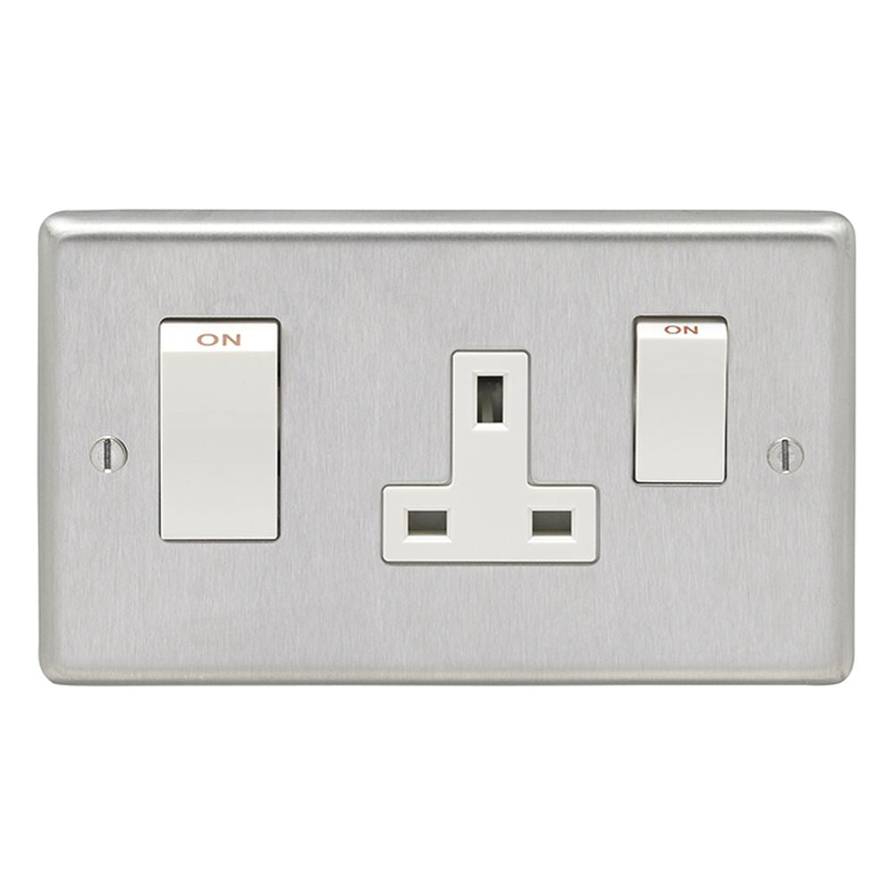 This is an image showing Eurolite Stainless Steel 45Amp Switch with a socket - Satin Stainless Steel (With White Trim) sss45aswasw available to order from T.H. Wiggans Ironmongery in Kendal, quick delivery and discounted prices.