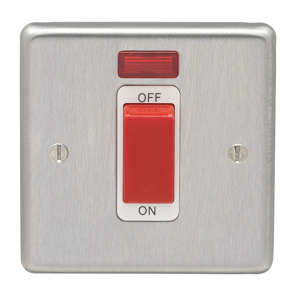 This is an image showing Eurolite Stainless Steel 45Amp Switch with Neon Indicator - Satin Stainless Steel (With White Trim) sss45aswnsw available to order from T.H. Wiggans Ironmongery in Kendal, quick delivery and discounted prices.