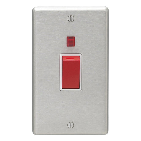 This is an image showing Eurolite Stainless Steel 45Amp Switch with Neon Indicator - Satin Stainless Steel (With White Trim) sss45aswnw available to order from T.H. Wiggans Ironmongery in Kendal, quick delivery and discounted prices.