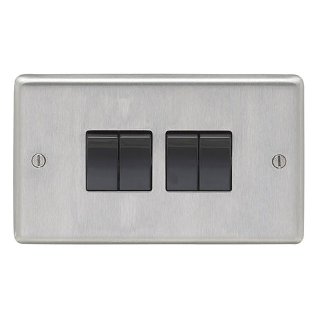 This is an image showing Eurolite Stainless Steel 4 Gang Switch - Satin Stainless Steel (With Black Trim) sss4swb available to order from T.H. Wiggans Ironmongery in Kendal, quick delivery and discounted prices.