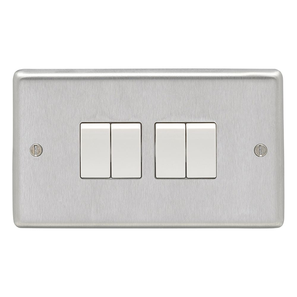 This is an image showing Eurolite Stainless Steel 4 Gang Switch - Satin Stainless Steel (With White Trim) sss4sww available to order from T.H. Wiggans Ironmongery in Kendal, quick delivery and discounted prices.