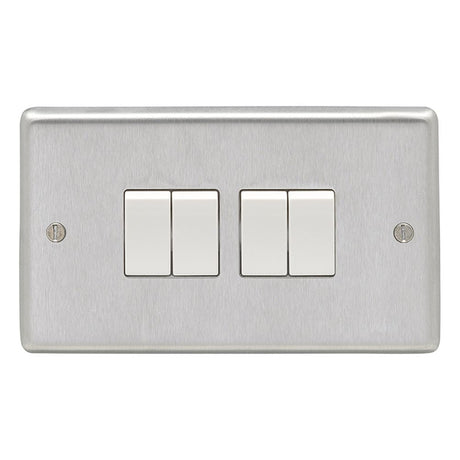 This is an image showing Eurolite Stainless Steel 4 Gang Switch - Satin Stainless Steel (With White Trim) sss4sww available to order from T.H. Wiggans Ironmongery in Kendal, quick delivery and discounted prices.