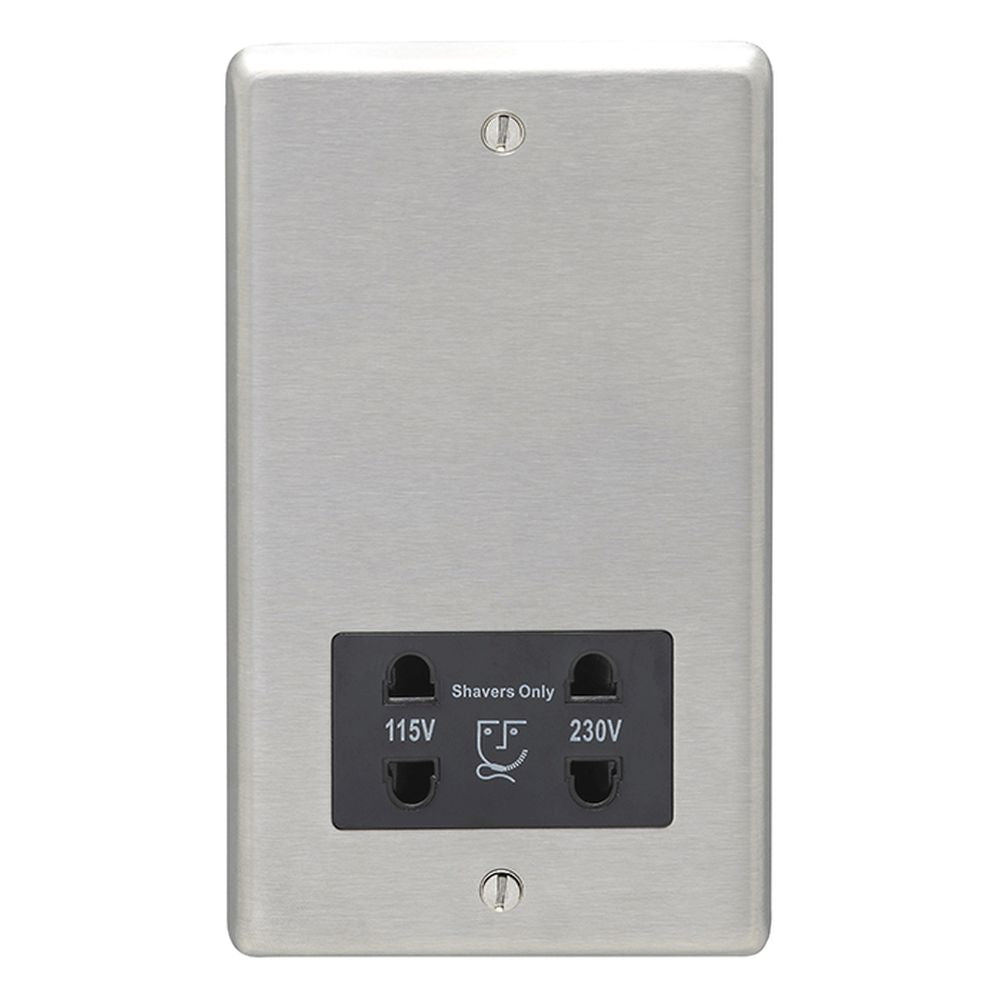 This is an image showing Eurolite Stainless Steel Shaver Socket - Satin Stainless Steel (With Black Trim) sssshsb available to order from T.H. Wiggans Ironmongery in Kendal, quick delivery and discounted prices.