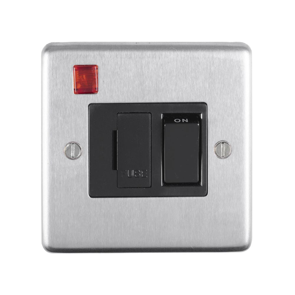 This is an image showing Eurolite Stainless Steel Switched Fuse Spur - Satin Stainless Steel (With Black Trim) sssswfnb available to order from T.H. Wiggans Ironmongery in Kendal, quick delivery and discounted prices.
