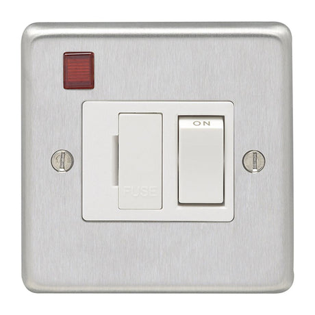 This is an image showing Eurolite Stainless Steel Switched Fuse Spur - Satin Stainless Steel (With White Trim) sssswfnw available to order from T.H. Wiggans Ironmongery in Kendal, quick delivery and discounted prices.
