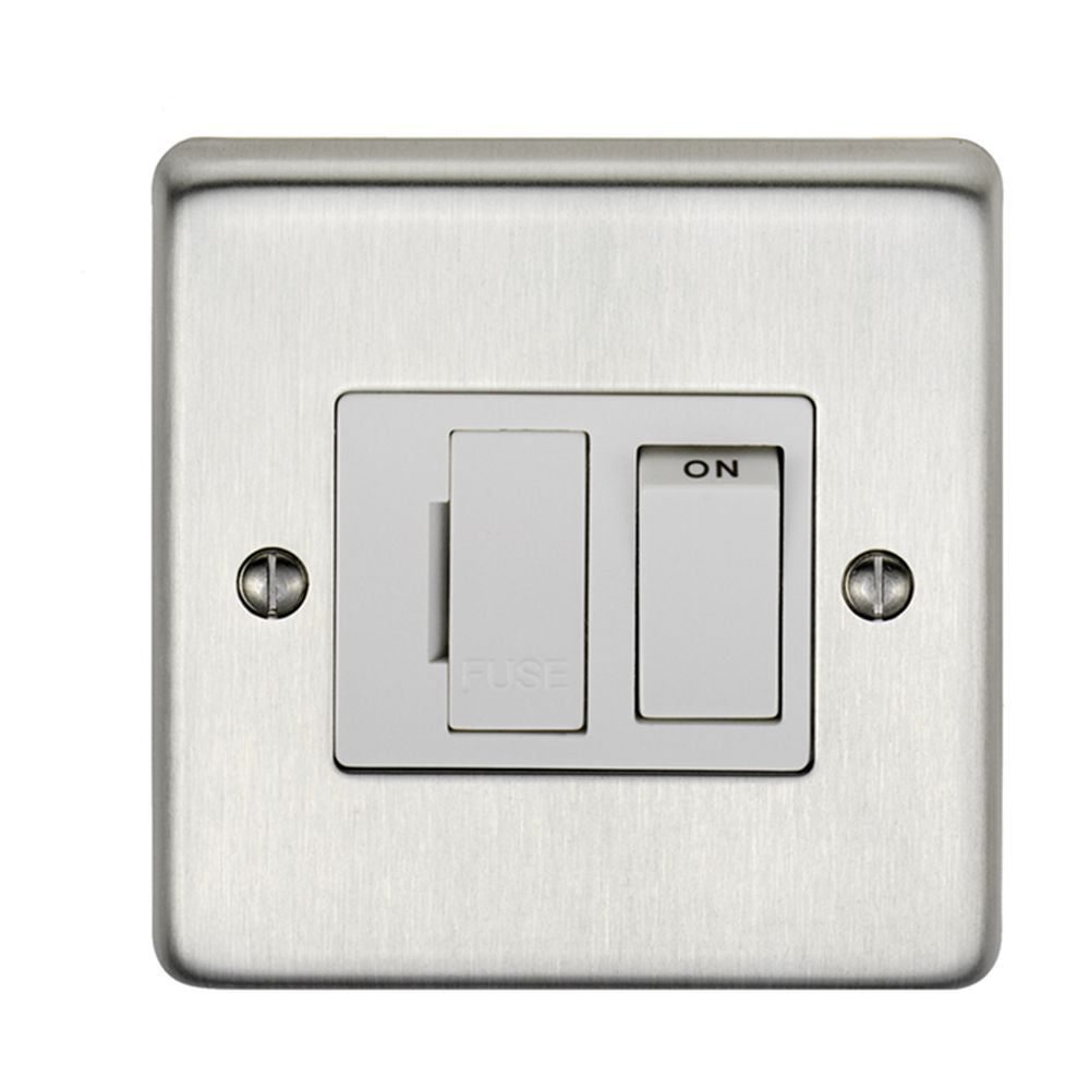 This is an image showing Eurolite Stainless Steel Switched Fuse Spur - Satin Stainless Steel (With White Trim) sssswfw available to order from T.H. Wiggans Ironmongery in Kendal, quick delivery and discounted prices.