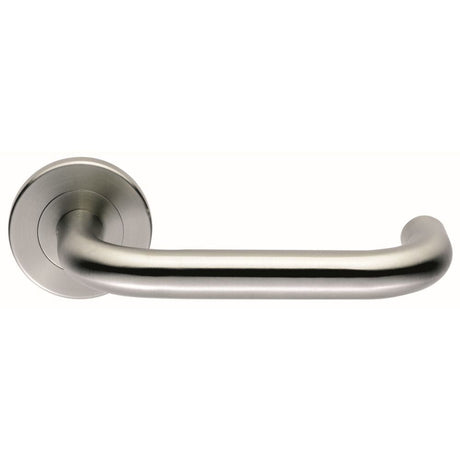 This is an image of Eurospec - Steelworx 316 Safety Lever on Round rose - Satin Stainless Steel available to order from T.H Wiggans Architectural Ironmongery in Kendal, quick delivery and discounted prices.