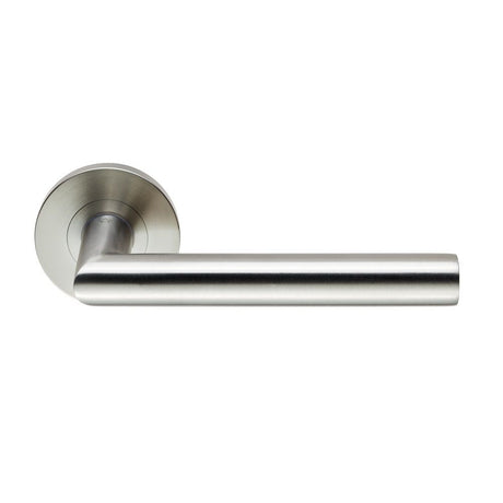 This is an image of Eurospec - 19mm Dia. Grade 4 Mitred Safety Lever on Round Rose - Satin Stainless available to order from T.H Wiggans Architectural Ironmongery in Kendal, quick delivery and discounted prices.