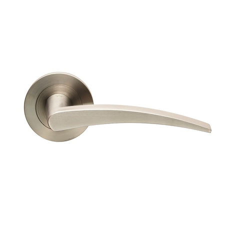 This is an image of Eurospec - Volantes Designer Lever on Threaded Rose - Satin Stainless Steel available to order from T.H Wiggans Architectural Ironmongery in Kendal, quick delivery and discounted prices.