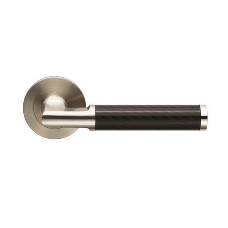 This is an image of Eurospec - Carbon Fibre Lever on Threaded Rose - Satin Stainless Steel available to order from T.H Wiggans Architectural Ironmongery in Kendal, quick delivery and discounted prices.