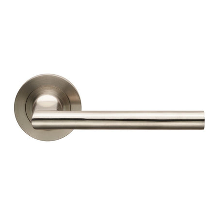 This is an image of Eurospec - Soho Designer Lever on Threaded Rose - Satin Stainless Steel available to order from T.H Wiggans Architectural Ironmongery in Kendal, quick delivery and discounted prices.
