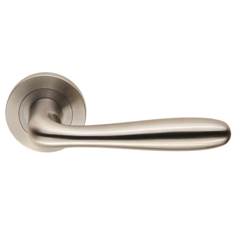 This is an image of Eurospec - Steelworx SWL Peninsula Lever on Rose - Satin Stainless Steel available to order from T.H Wiggans Architectural Ironmongery in Kendal, quick delivery and discounted prices.