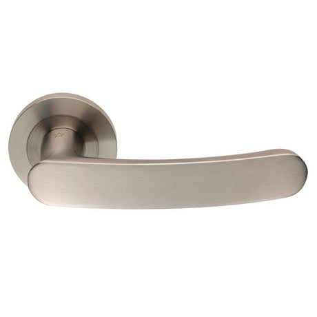 This is an image of Eurospec - Steelworx SWL Berlino Lever on Rose - Satin Stainless Steel available to order from T.H Wiggans Architectural Ironmongery in Kendal, quick delivery and discounted prices.