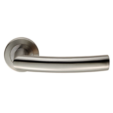 This is an image of Eurospec - Steelworx SWL Scimitar Lever on Rose - Satin Stainless Steel available to order from T.H Wiggans Architectural Ironmongery in Kendal, quick delivery and discounted prices.