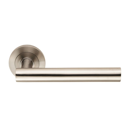 This is an image of Eurospec - Steelworx SWL Philadelphia Lever on Rose - Satin Stainless Steel available to order from T.H Wiggans Architectural Ironmongery in Kendal, quick delivery and discounted prices.