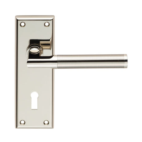 This is an image of Serozzetta - Sessanta Lever on Lock Backplate - Polished Nickel/Satin Nickel available to order from T.H Wiggans Architectural Ironmongery in Kendal, quick delivery and discounted prices.
