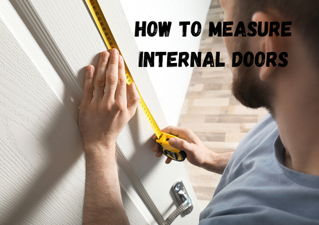 This is an image with a man measuring a door with a tape measure