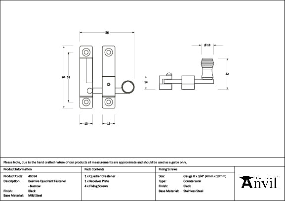 From The Anvil - Black Beehive Quadrant Fastener - Narrow