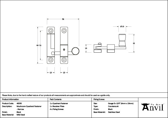 From The Anvil - Black Mushroom Quadrant Fastener - Narrow