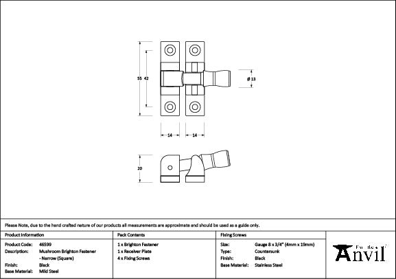 From The Anvil - Black Mushroom Brighton Fastener - Narrow (Square)