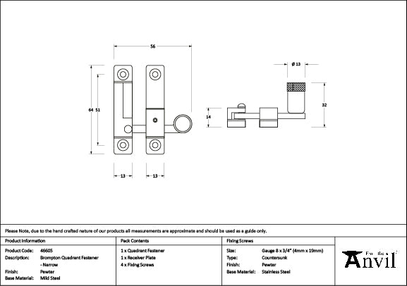 From The Anvil - Pewter Brompton Quadrant Fastener - Narrow