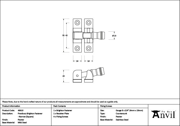 From The Anvil - Pewter Prestbury Brighton Fastener - Narrow (Square)