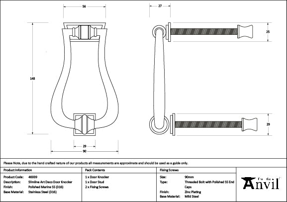 From The Anvil - Polished Marine SS (316) Slimline Art Deco Door Knocker