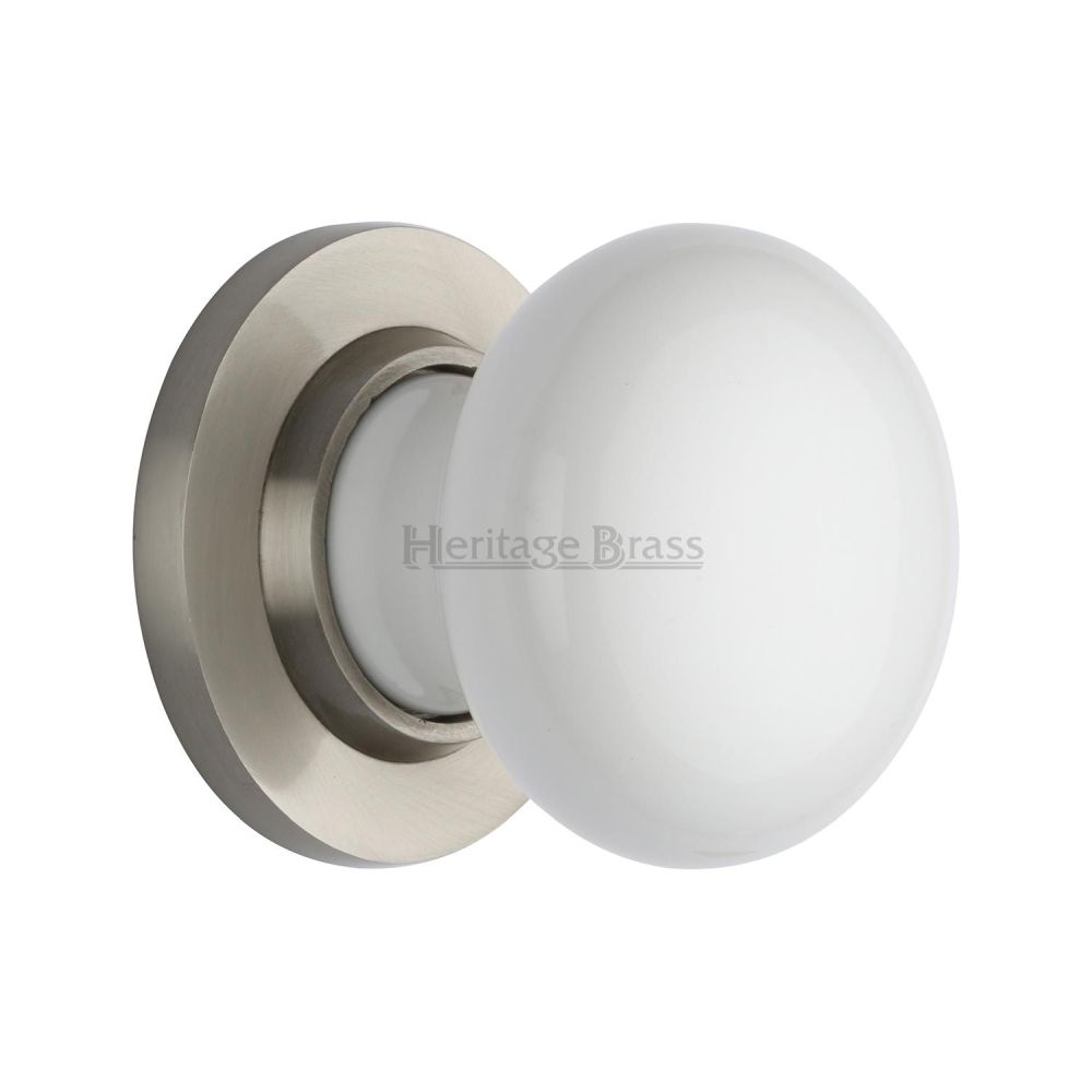 This is an image of a Heritage Brass - White Knob with Satin Nickel base, 5010-sn that is available to order from T.H Wiggans Ironmongery in Kendal.