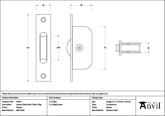 From The Anvil - Pewter Square Ended Sash Pulley 75kg