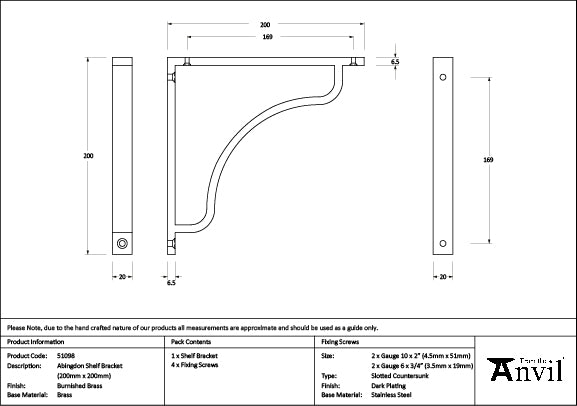 From The Anvil - Burnished Brass Abingdon Shelf Bracket (200mm x 200mm)