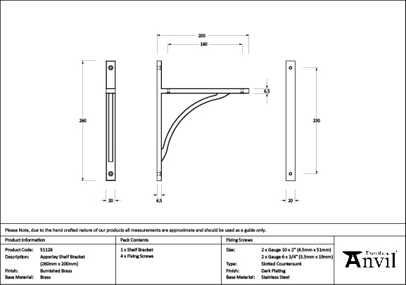 From The Anvil - Burnished Brass Apperley Shelf Bracket (260mm x 200mm)