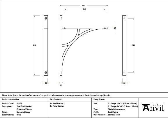 From The Anvil - Burnished Brass Tyne Shelf Bracket (314mm x 250mm)