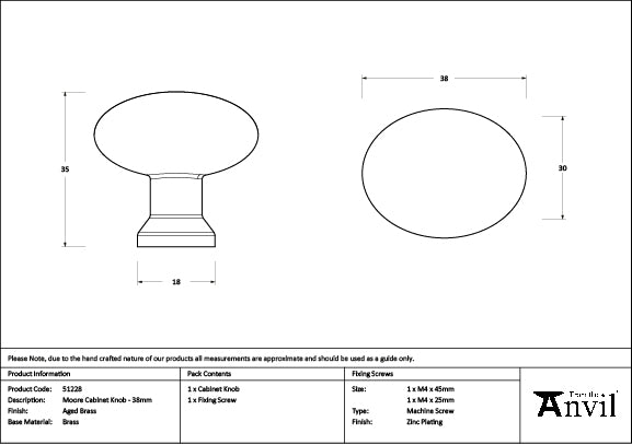 From The Anvil - Aged Brass Moore Cabinet Knob - 38mm