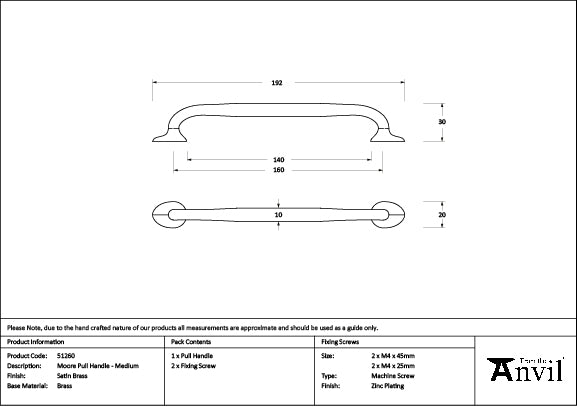 From The Anvil - Satin Brass Moore Pull Handle - Medium