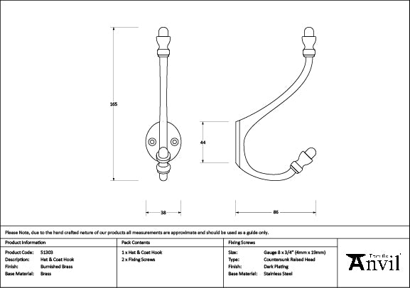 From The Anvil - Burnished Brass Hat & Coat Hook