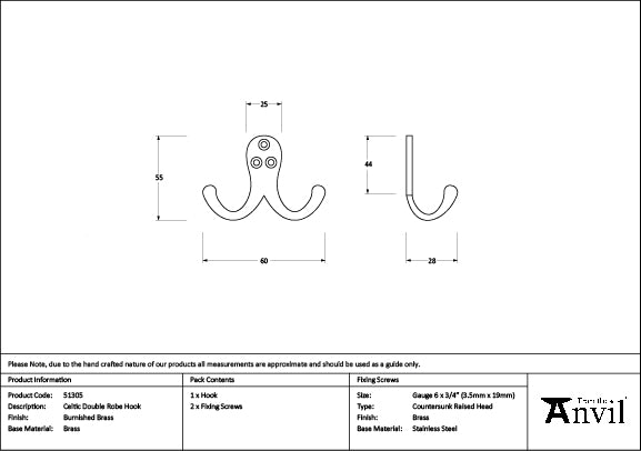 From The Anvil - Burnished Brass Celtic Double Robe Hook